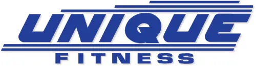 The logo for Unique Fitness features bold, uppercase letters in blue with dynamic, horizontal stripes, emphasizing energy and motion. The word 'UNIQUE' is prominently displayed above 'FITNESS,' both set against a white background, conveying the brand's commitment to distinct and innovative fitness solutions.